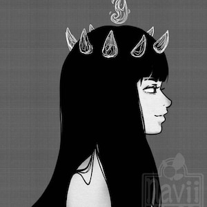 May include: Black and white illustration of a person with long black hair and a crown of flames and horns. The person is looking to the right.