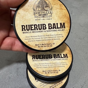 RUERUB: Muscle Recovery balm. Provides soothing relief from muscle tension and tightness. (organic rosemary, arnica, ruda/rue).