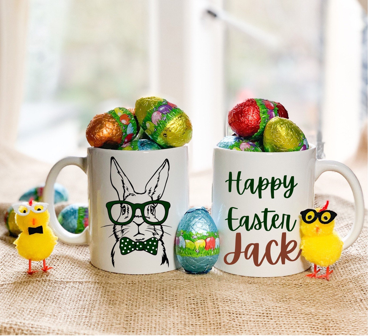 Rabbit Easter mug with name and chocolate eggs boy Rabbit Etsy
