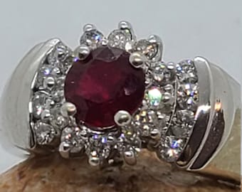 14K White Gold Ruby & Diamond Ring