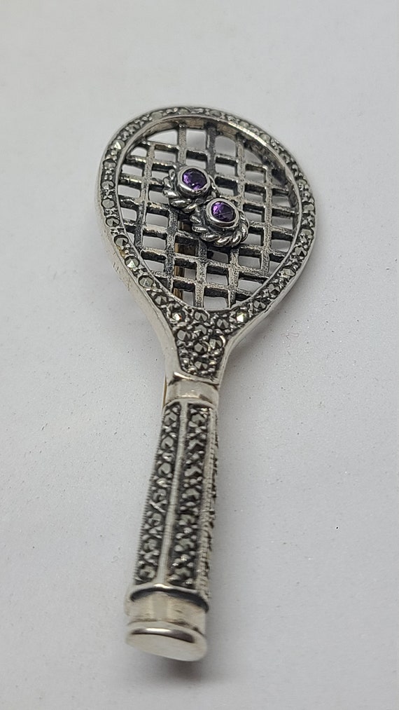 Sterling Silver Marcasite and Amethyst Tennis Pin - image 3
