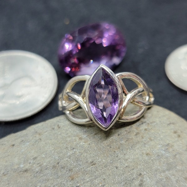 Sterling Silver 13x7MM Marquise Cut Amethyst Celtic Design Ring