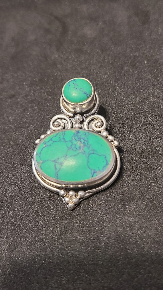 Sterling Silver 37x23MM Green Stone with Blue Lin… - image 1