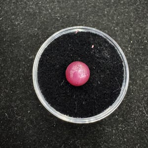 May include: A small, round, polished ruby gemstone, displayed in a clear plastic container with a black velvet interior. The ruby is a vibrant shade of red, and the container is set against a dark background.