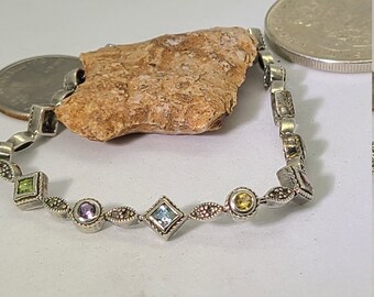 Sterling Silver Vintage Garnet, Yellow Topaz, Blue Topaz, & Peridot Bracelet