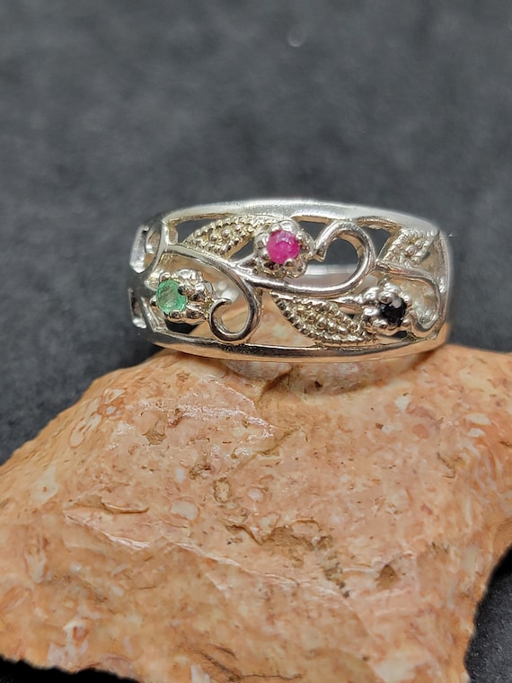 Sterling Silver Emerald, Ruby, and Sapphire Flora… - image 1