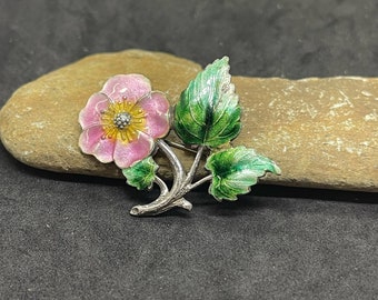 Vintage Sterling Silver Pink, Yellow, and Green Enameled Flower Pin
