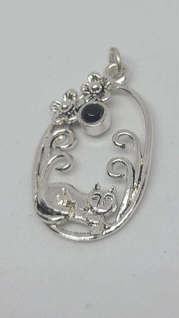 Vintage Sterling Silver Cat and Flower with Black… - image 2