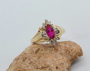 10K Yellow Gold Created Ruby & Baguette Diamond