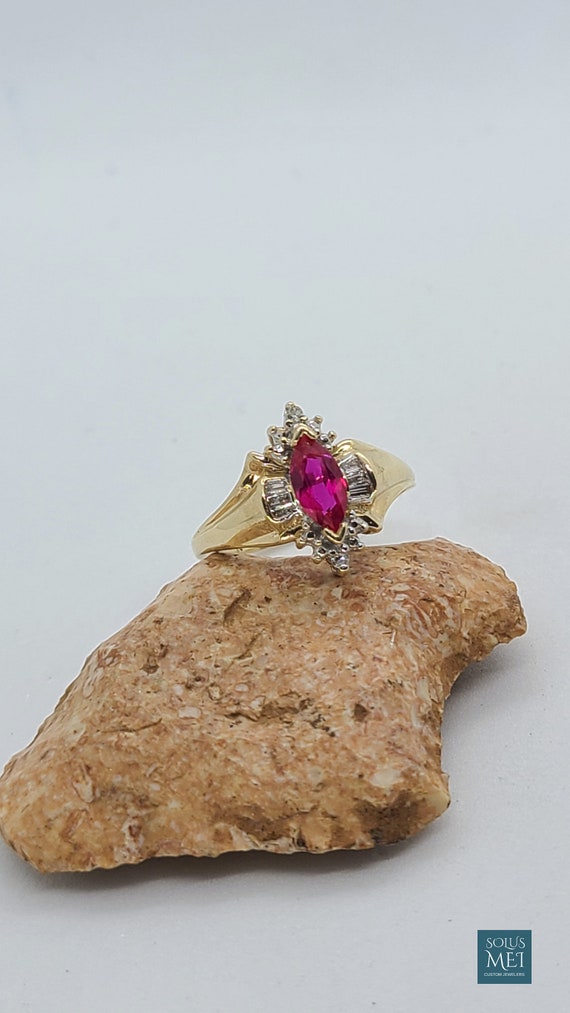 10K Yellow Gold Created Ruby & Baguette Diamond - image 1
