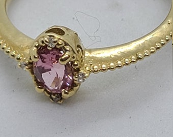 14K Yellow Gold Oval Pink Sapphire & Diamond Beaded Ring