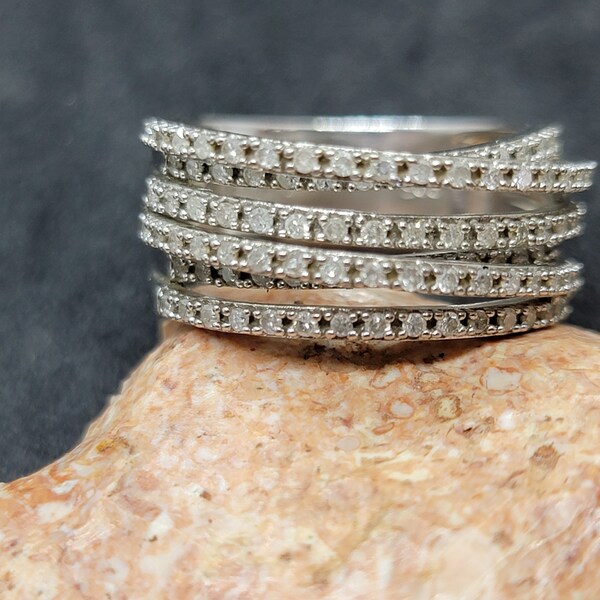 Sterling Silver 6 Row Twisty Cubic Zirconia Cluster Ring