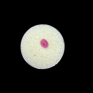 May include: A vibrant, oval-shaped, pink gemstone rests on a circular, off-white, porous surface. The gemstone is the focal point, set against a stark black background. The setting appears to be a display for jewelry or gemstones.