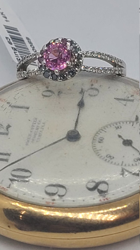14K White Gold Pink Sapphire & Blue Diamond Ring