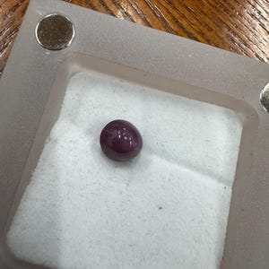 May include: A round, polished, deep red gemstone, possibly a ruby, rests on a white, textured surface within a clear, rectangular container. The container has two silver magnets attached to it. The gemstone is the focal point.
