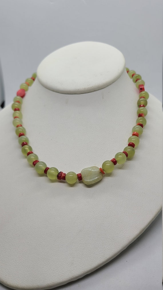 Sterling Silver Light Green Jade and red bead 16 i