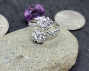Sterling Silver 2 Flower Cubic Zirconia Ring