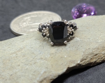 Sterling Silver 12x10MM Emerald Cut Black Cubic Zirconia with Black Cluster CZ Ring