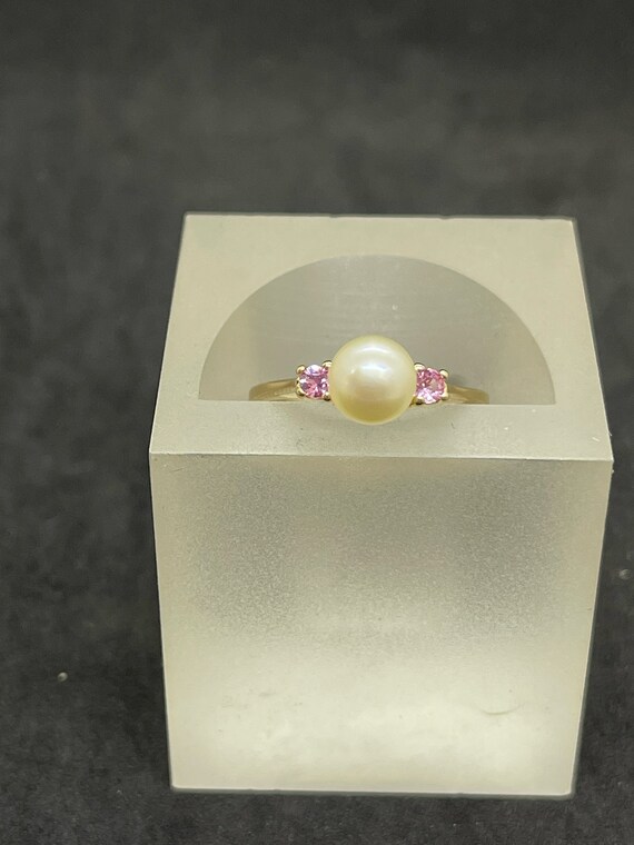 14K Yellow Gold Pearl and Pink Sapphire Ring - image 2