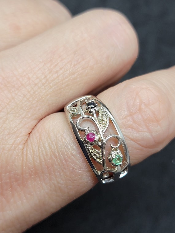 Sterling Silver Emerald, Ruby, and Sapphire Flora… - image 3