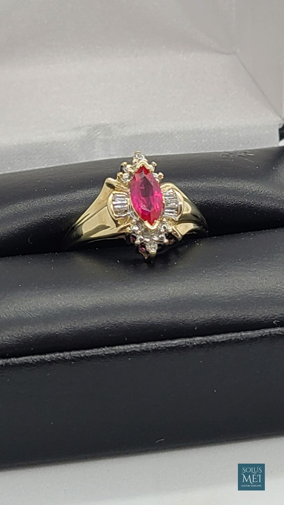 10K Yellow Gold Created Ruby & Baguette Diamond - image 3