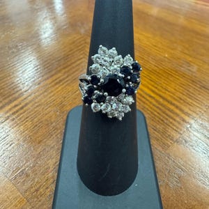 Vintage Sterling Silver Sapphire and Cubic Zirconia Cluster Ring