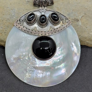 Vintage Sterling Silver Mother of Pearl and Onyx 76MM Pendant
