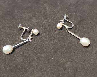 Boucles D'oreilles Clips Perles Blanches Et Bleu Marine - Bijou Vintage Années 70/80