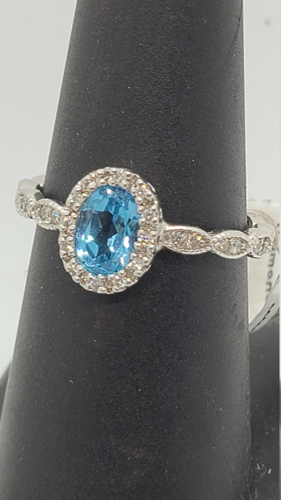 14K White Gold Oval Blue Topaz & Diamond Ring