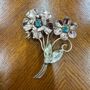 Vintage Sterling Vermeil Flower with Simulated Blue Topaz