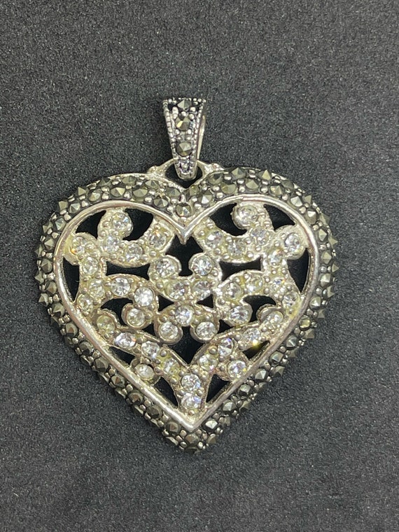 Sterling Silver Heart with CZ and Marcasite Penda… - image 3