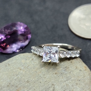 Sterling Silver 6x6MM Princess Cut with Accent Cubic Zirconia Ring