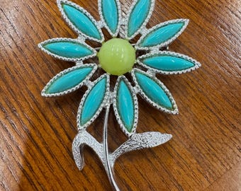 Vintage Sarah Coventry Green and Blue Cabochon Flower Brooch Pin