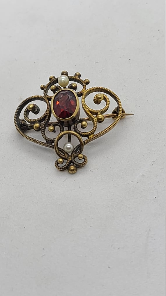 Victorian Style 14K Yellow Gold Garnet and Pearl … - image 1