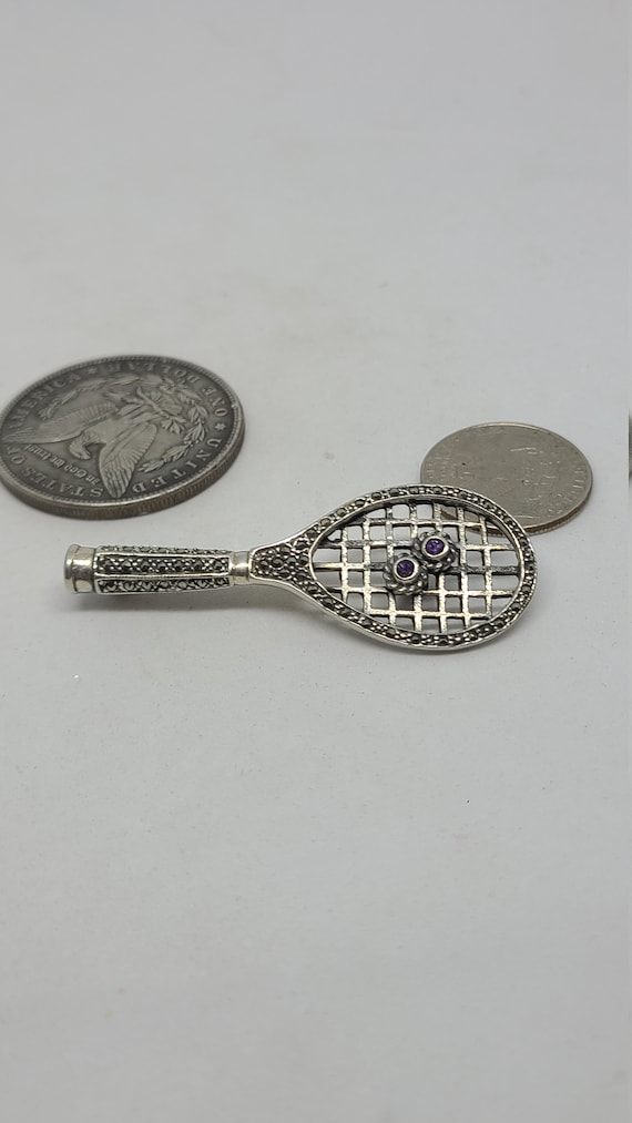 Sterling Silver Marcasite and Amethyst Tennis Pin - image 1