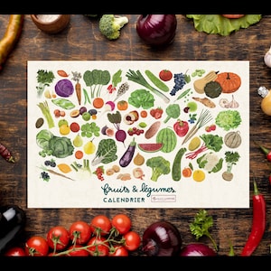 A4 calendar of seasonal fruits and vegetables hand illustrated on textured paper