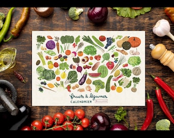 A4 calendar of seasonal fruits and vegetables hand illustrated on textured paper