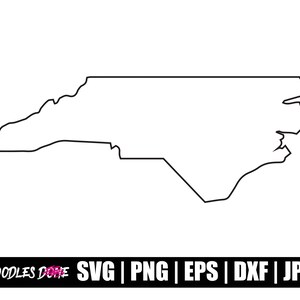 May include: Outline of the state of North Carolina. The outline is a single black line on a white background.