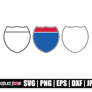 May include: Three highway signs, one with a red and blue color scheme, and two blank signs.