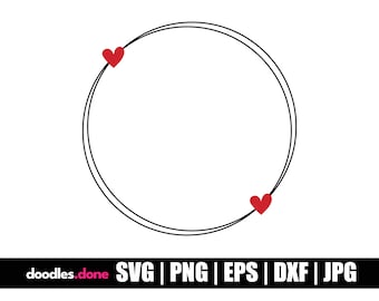 May include: A black circle frame with two red hearts on the top and bottom of the circle.