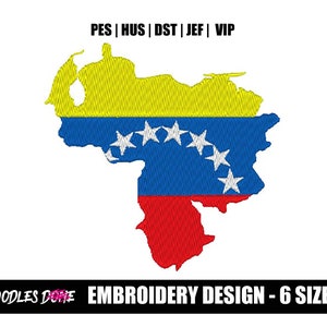 Könnte beinhalten: Stickmuster der Umrisse Venezuelas mit den Farben der venezolanischen Flagge: Gelb, Blau und Rot. Das blaue Band zeigt acht weiße Sterne in einem Bogen. Das Design ist in sechs Größen und in folgenden Formaten erhältlich: PES, HUS, DST, JEF und VIP.