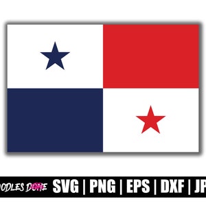 Op de afbeelding: Een rechthoekig ontwerp van de Panamese vlag. De vlag is verdeeld in vier secties: wit met een blauwe ster, rood, wit met een rode ster en blauw. De onderkant van de afbeelding bevat de tekst "DOODLES DONE SVG | PNG | EPS | DXF | JPG".