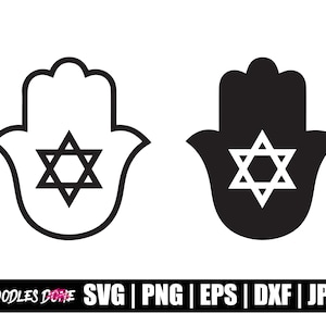 Peut inclure: Contour noir et blanc d'une main de Hamsa avec une étoile de David à l'intérieur. La main de Hamsa est un symbole de protection et de bonne chance.