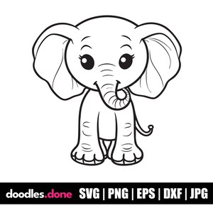 May include: A black and white line drawing of a cartoon elephant with large eyes and a curled trunk. The elephant is standing on all four legs and has a simple, childlike design.