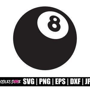 Puede incluir: Ilustración en blanco y negro de una bola de billar con el número 8 en el centro.