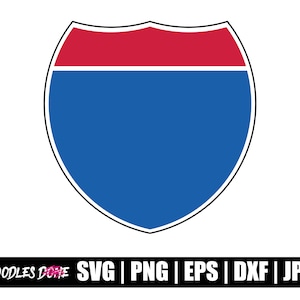 May include: A blue and red highway sign with a white border. The sign is shaped like a shield and has a blank space for text.