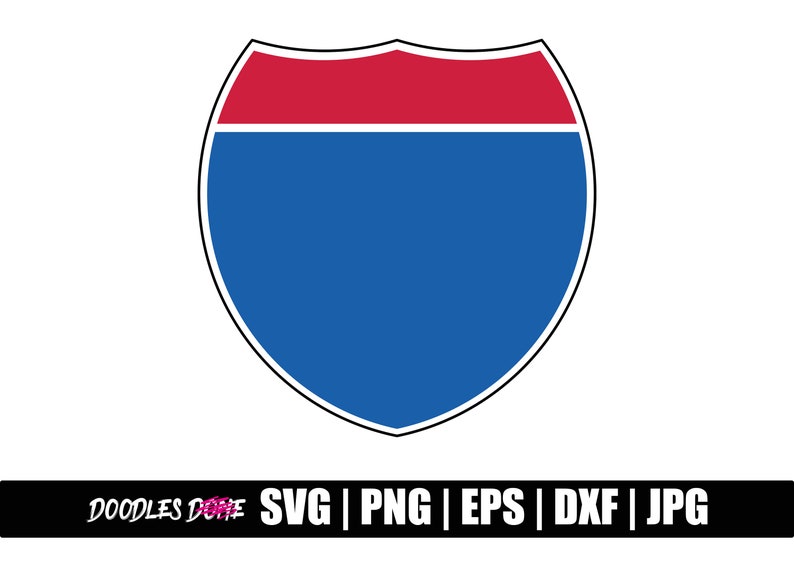 May include: A blue and red highway sign with a white border. The sign is shaped like a shield and has a blank space for text.