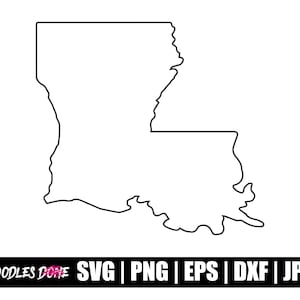 May include: Outline of the state of Louisiana. The outline is a black line on a white background.