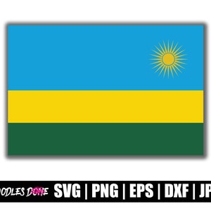 Può includere: La bandiera del Ruanda, una triband orizzontale di blu chiaro, giallo e verde con un sole giallo nell'angolo superiore del lato dell'asta.