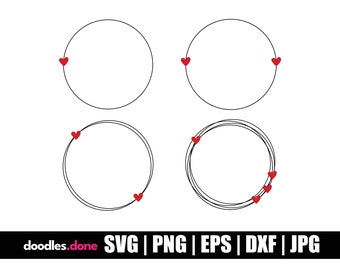 May include: Four different black circle frames with red hearts on the edges. The frames are perfect for adding text or images.